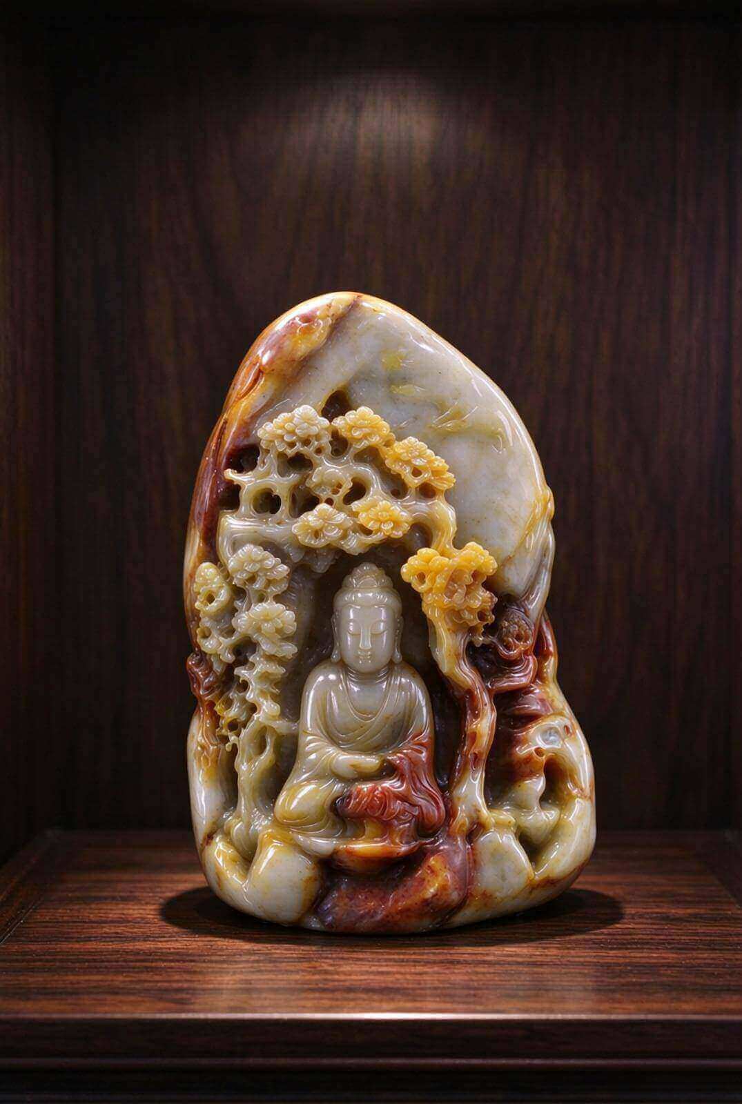 明代和田玉籽料留皮佛说法山水人物玉山子